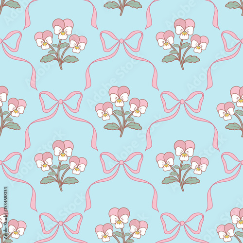 Seamless pattern with pansy  flower with pink bow on vivid blue background. Repeat wallpaper with Vintage Rococo floral and ribbon design.