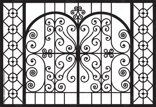 This collection of black and white images showcases various gate designs, ranging from simple entryways to more elaborate and decorative structures.