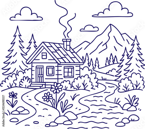 Cabin in forest by river in outline style with mountain view