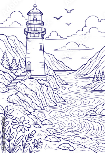 Lighthouse on rocky coast in outline style with ocean waves