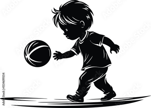 Silhouette of Young Boy Dribbling a Basketball in Playful Pose