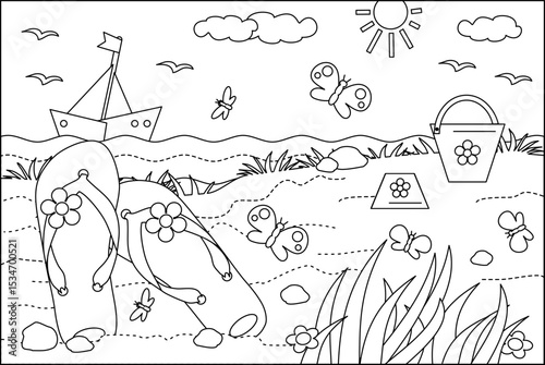 Coloring page. Summer vacation beach scene, flip-flops, boat, toy buckets. 
