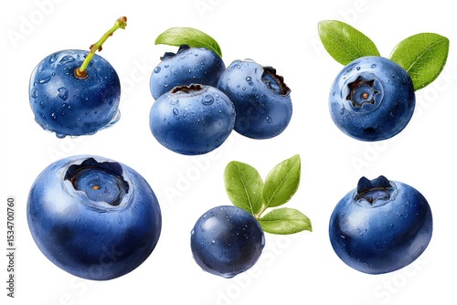 Fresh blueberry clusters with green leaves and water droplets, juicy fruit displayed in natural groupings isolated on white background