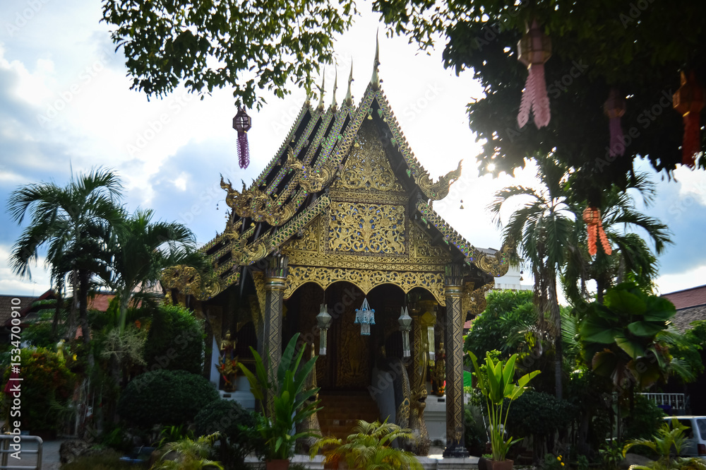 Obraz premium Chapel, Lanna Architecture, Symbols of Buddhism, South East Asia at Ket Karam temple, Mueang Chiang Mai, Chiang Mai, Northern Thailand
