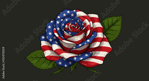 Digital illustration of a rose with American flag colors and stars on a black background