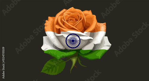 Vivid orange rose with blue and white Ashoka Chakra emblem on black background