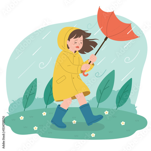 A cute vector illustration of a little girl in a yellow raincoat and boots, fighting against the strong wind and rain with a flipped umbrella. 바람 부는 장마날: 우산을 붙잡은 우비 소녀