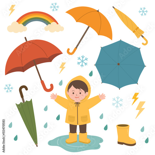 A playful vector illustration of a smiling child in a yellow raincoat with colorful umbrellas, lightning, raindrops, snowflakes, and a rainbow – perfect for seasonal and educational content. 우산과 날씨 친구