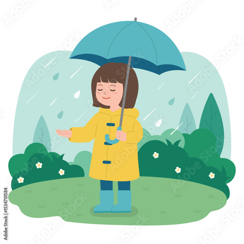 A sweet illustration of a little girl holding an umbrella, feeling the raindrops on her hand, surrounded by nature in soft rain. 비 오는 날의 여유: 노란 우비 소녀의 감성 산책