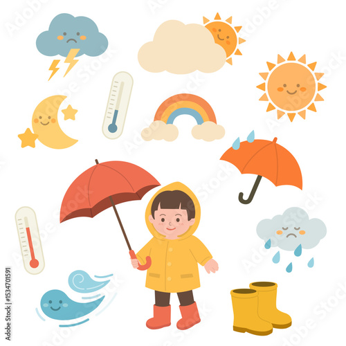A cute and colorful illustration of a child in a raincoat surrounded by cheerful weather icons, perfect for teaching kids about different weather patterns.
노란 우비를 입은 아이와 귀여운 날씨 캐릭터들이 함께하는 밝고 따뜻한 장마철