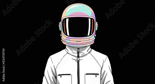 Illustration of an astronaut in a white spacesuit with a pastel gradient helmet on a black background