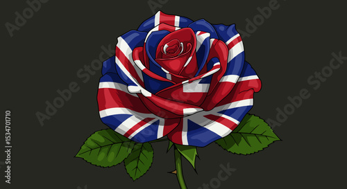 Digital illustration of a rose with Union Jack flag pattern on black background