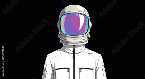 Illustration of a male astronaut in a white spacesuit with a gradient visor helmet against a black background