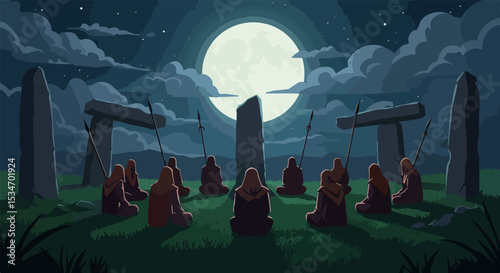 Nine robed figures seated in a stone circle under a full moon at night