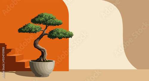 Meticulously pruned bonsai tree in off-white pot on light surface with geometric background