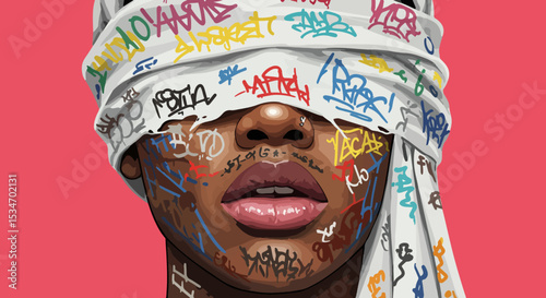 Female face with graffiti headscarf on pink background