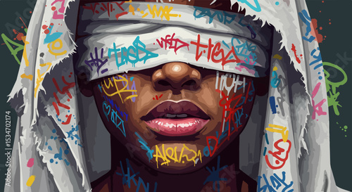 Female with graffiti headscarf on dark green background