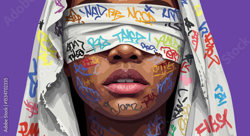 Female face with eyes covered by white cloth with colorful graffiti text on deep purple background
