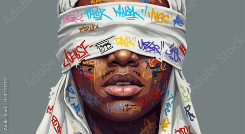 Female with vibrant graffiti-style face and headscarf design on teal background