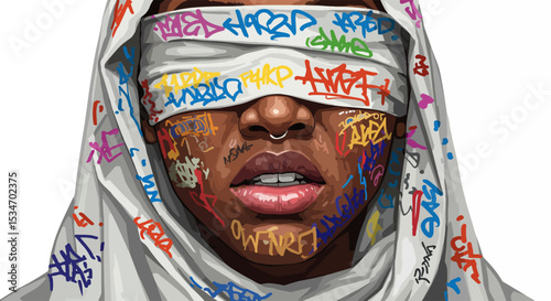 Close-up portrait of a woman with a graffiti-decorated headscarf and bright pink lips