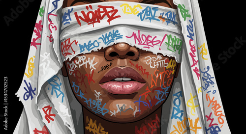 Close-up portrait of a woman with graffiti text on white cloth over her face