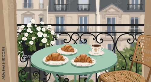 European city balcony with round table, pastries, coffee, and potted plant