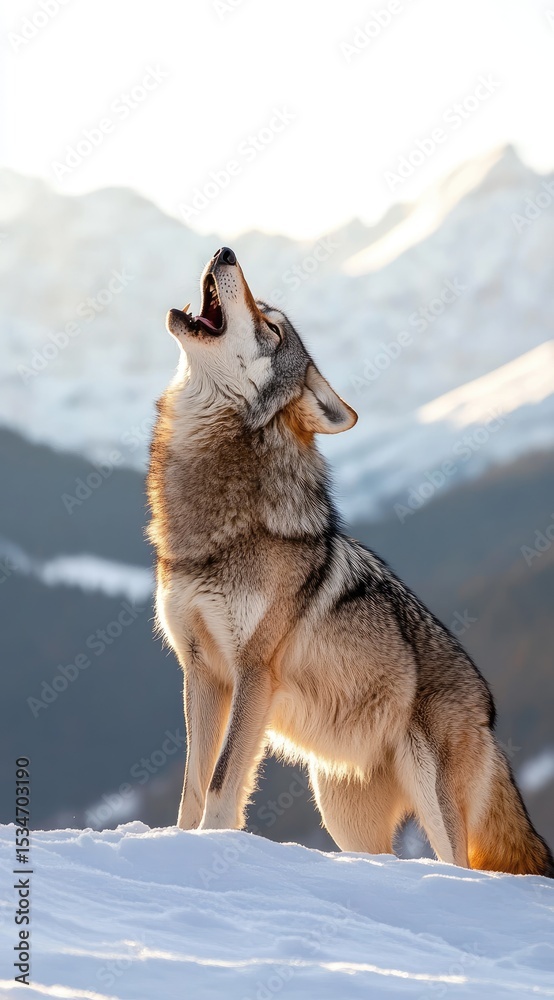 Fototapeta premium Gray wolf howls at snowy mountain peak
