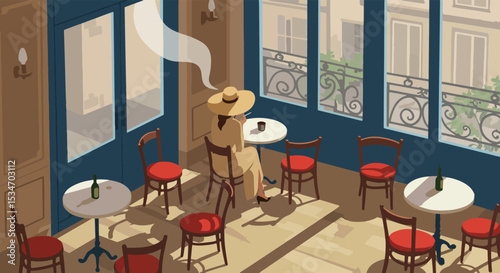Woman in straw hat drinking coffee at a table in a European café with a street view