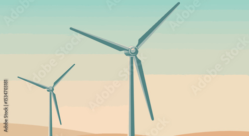 Two teal-green wind turbines in a gradient sky with a light brown ground