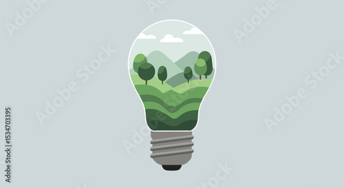 Lightbulb with landscape scene inside, vector illustration