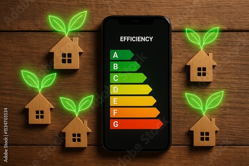 A smart phone illustrating a green energy efficiency concept with small wooden houses and leaves, promoting sustainable energy consumption and eco-friendly living.