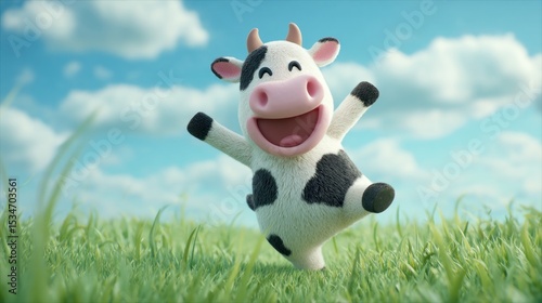 Happy cartoon cow in field