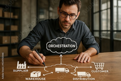 A focused business professional orchestrates the intricate process of supply chain management. A modern view of how logistics and strategy work together in this compelling image.