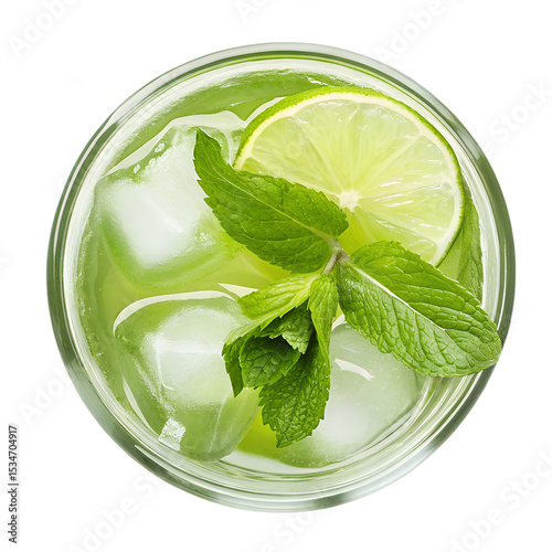 Gin tonic mojito cocktail with mint in a glass top view isolated on transparent white background, clipping path