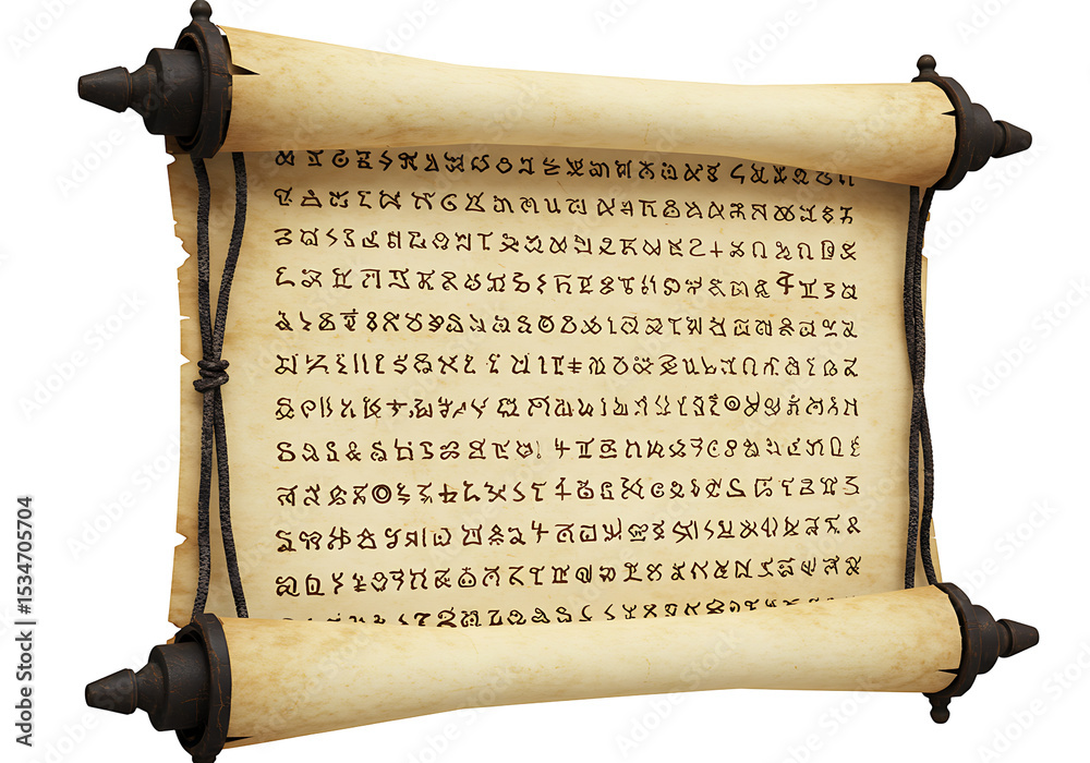 Obraz premium A tan rolled scroll filled with dark stylized script bound with dark rope The scroll has dark finials on each end set against a black background