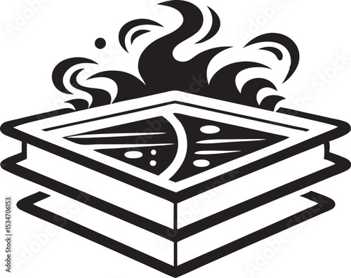This collection of black and white image depicts various angles and states of a pizza box, some open with pizza and some closed.