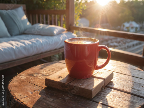 Morning Coffee on a Rustic Wooden Porch at Sunrise