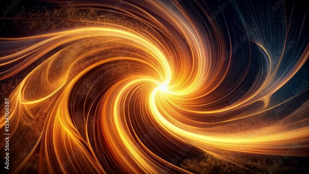 Dynamic flow of golden light trails spiraling towards a bright central focal point on dark backdrop, creating an abstract vortex effect
