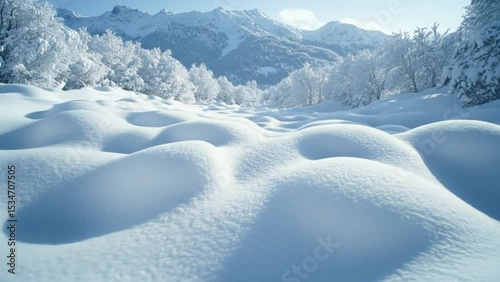 Untouched snowy hills forming soft snowdrifts in tranquil forest landscape under cold blue mountain air. Seasonal concept