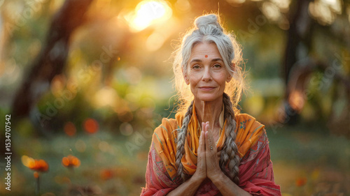 Serene older woman with braids and bindi in prayer pose at golden sunset in peaceful garden