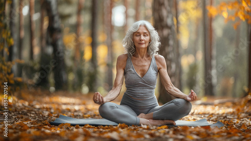Elderly woman practicing yoga in lotus position on mat in autumn forest with eyes closed