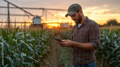 Farmer using phone in a cornfield at sunset