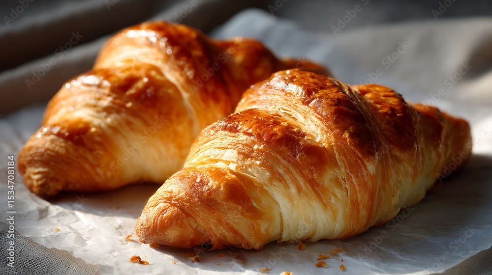Golden, Flaky Croissants on Parchment Paper