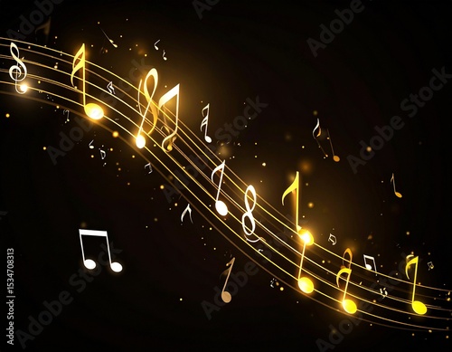 Elegant music background with glowing golden and white musical notes gracefully float
