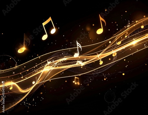Elegant music background with glowing golden and white musical notes gracefully float