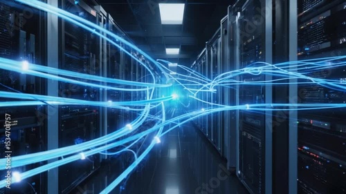 High-tech data center with glowing blue data streams illuminating server racks