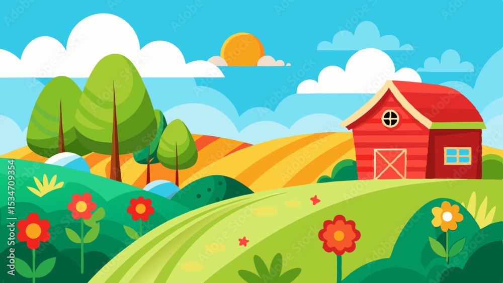 Fototapeta premium Whimsical Enchanted Forest Landscape with Glowing Red Barn and Rolling Hills vector