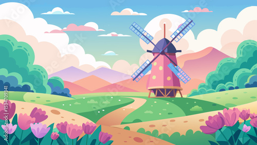 Vector Stylized Pink Windmill in a Pastel Landscape with Winding Path and Tulips windmills pastel colors