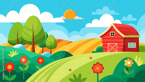 Whimsical Enchanted Forest Landscape with Glowing Red Barn and Rolling Hills vector