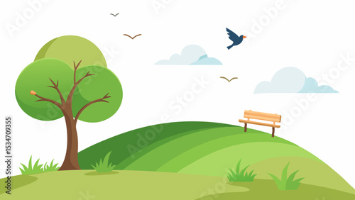 Serene Green Hilltop Scene with Tree Bench and Birds Flying on White Background grassy hill single tree